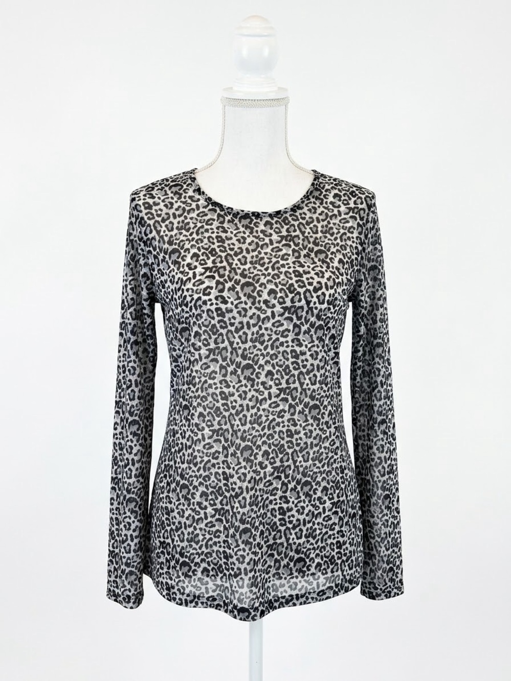 Giani Forte Leopard Print Mesh Top Rhinestone Long Sleeve Gray Black Medium